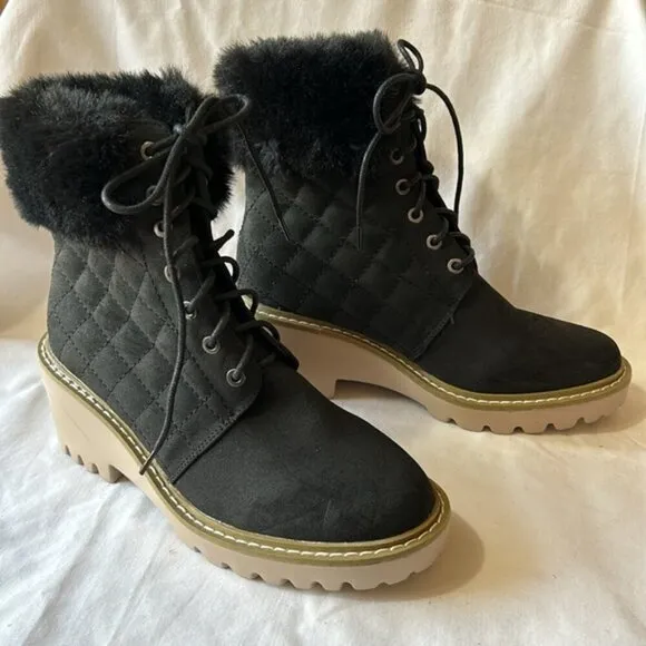 Nicole Miller New York Black Quilted Faux Fur Lace Up Latte Boots-Size 6 1/2