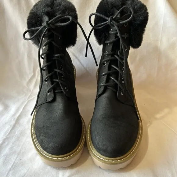 Nicole Miller New York Black Quilted Faux Fur Lace Up Latte Boots-Size 6 1/2