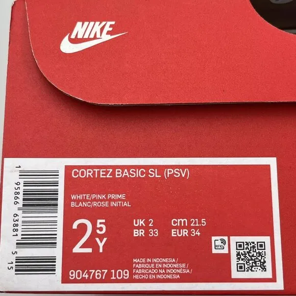 Nike Cortez Basic SL (PS) Youth Girls Slip-on Sneaker Size 2.5Y White Pink Shoes