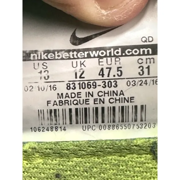 Nike Free Rn Flyknit Green Sneakers Running Shoes 831069-303 Men's Size US 13