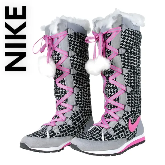 NIKE HI 3 TALL SNEAKER BOOTS FAUX FUR POMS IN HOT PINK, BLACK &amp; WHITE SIZE US 6