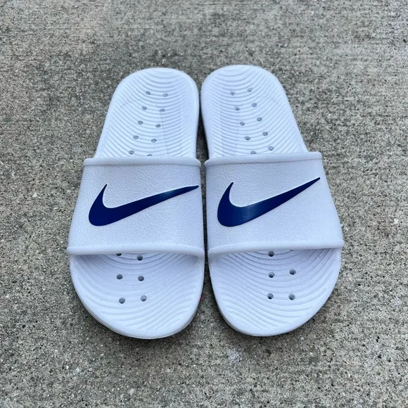 NIKE KAWA SHOWER SANDALS SWOOSH ROYALS BLUES WHITES