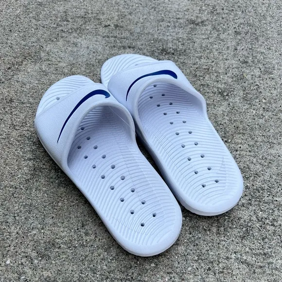 NIKE KAWA SHOWER SANDALS SWOOSH ROYALS BLUES WHITES