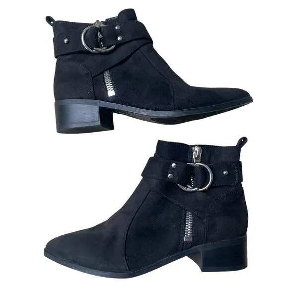 Nine West Dahila Black Faux Suede Bootie 6.5 Silver Western Moto Biker Cowgirl