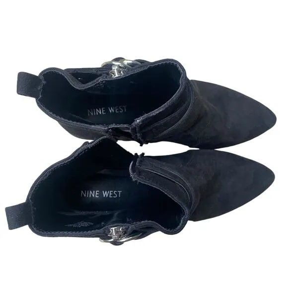 Nine West Dahila Black Faux Suede Bootie 6.5 Silver Western Moto Biker Cowgirl