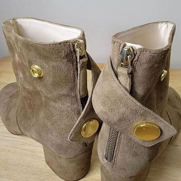 Nine West Quarryn Suede Zipper Back Snap Heeled Ankle Boots Tan Size 6.5