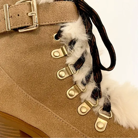 Nine West Tan Suede Ankle Boots with Faux Fur Trim size 7. Real leather.