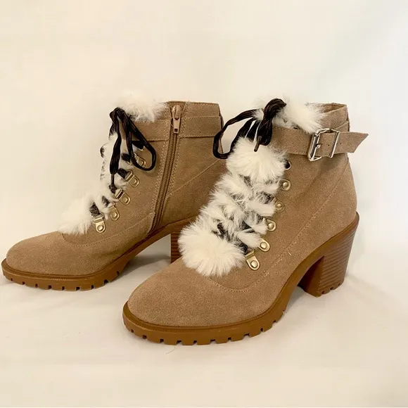 Nine West Tan Suede Ankle Boots with Faux Fur Trim size 7. Real leather.