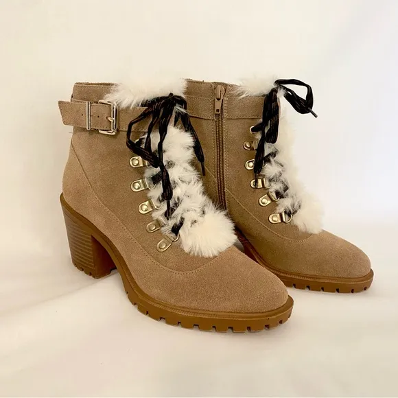 Nine West Tan Suede Ankle Boots with Faux Fur Trim size 7. Real leather.