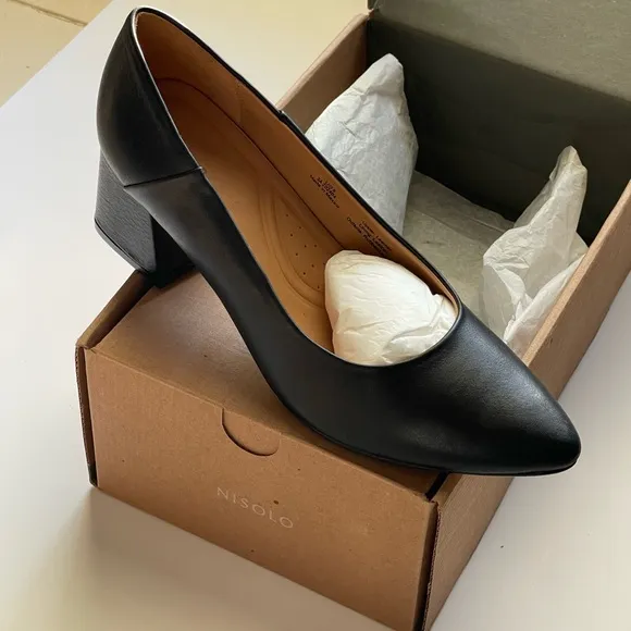 Nisolo 100% Leather Fiorela Go-To Black Mid Block Heels New In Box Size 9