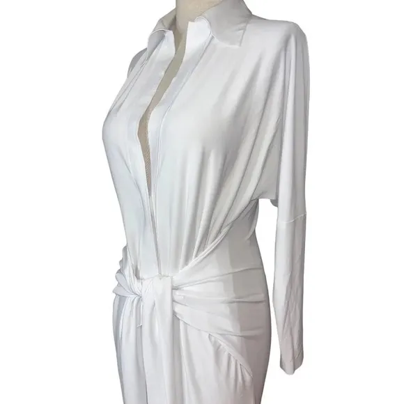 Norma Kamali Tie Front NK Shirt Dress in White XSmall New Womens Long Maxi Gown