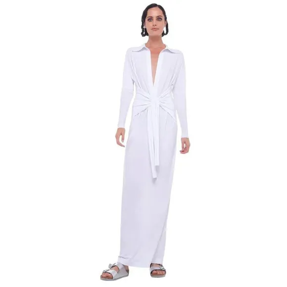 Norma Kamali Tie Front NK Shirt Dress in White XSmall New Womens Long Maxi Gown