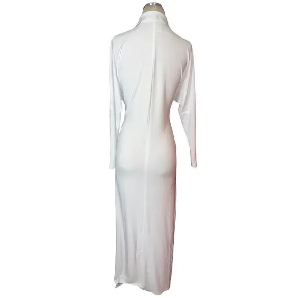 Norma Kamali Tie Front NK Shirt Dress in White XSmall New Womens Long Maxi Gown