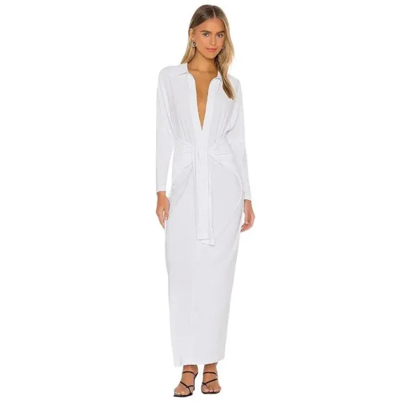 Norma Kamali Tie Front NK Shirt Dress in White XSmall New Womens Long Maxi Gown