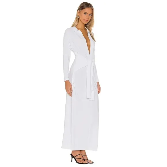 Norma Kamali Tie Front NK Shirt Dress in White XSmall New Womens Long Maxi Gown