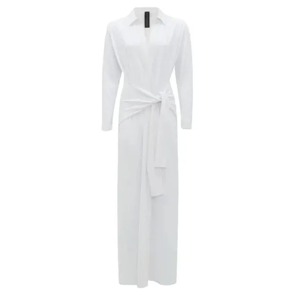Norma Kamali Tie Front NK Shirt Dress in White XSmall New Womens Long Maxi Gown