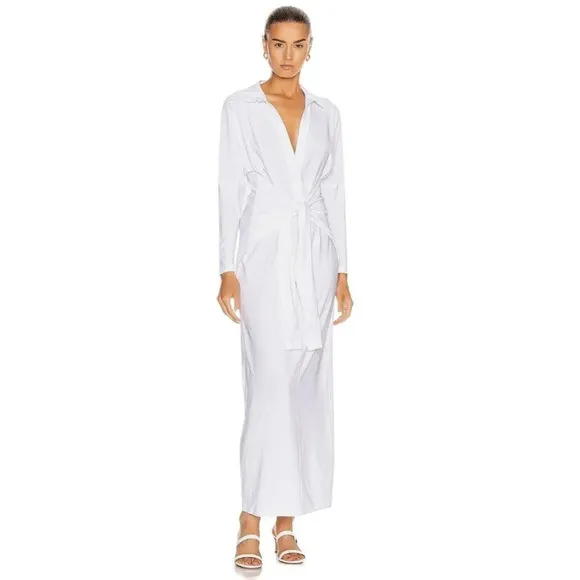 Norma Kamali Tie Front NK Shirt Dress in White XSmall New Womens Long Maxi Gown