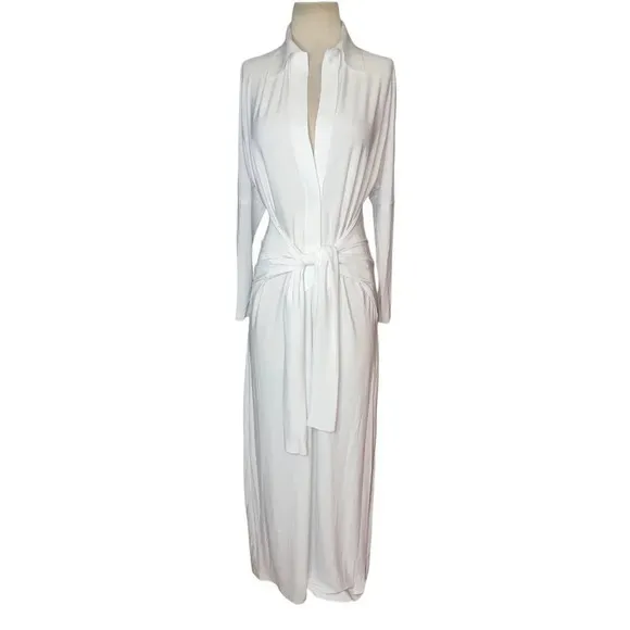 Norma Kamali Tie Front NK Shirt Dress in White XSmall New Womens Long Maxi Gown