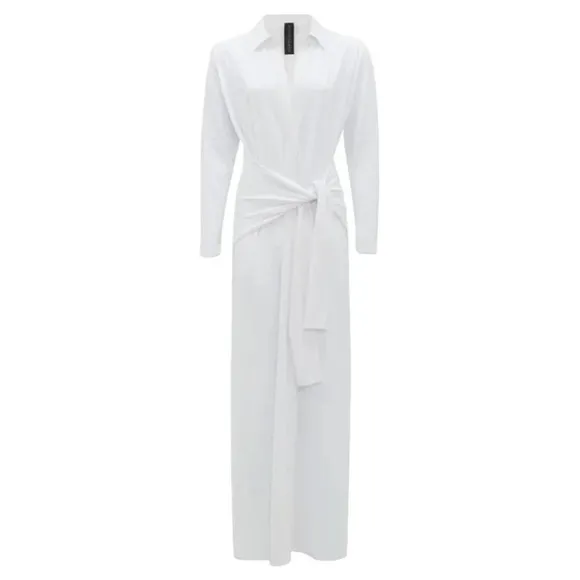 Norma Kamali Tie Front NK Shirt Dress in White XSmall New Womens Long Maxi Gown