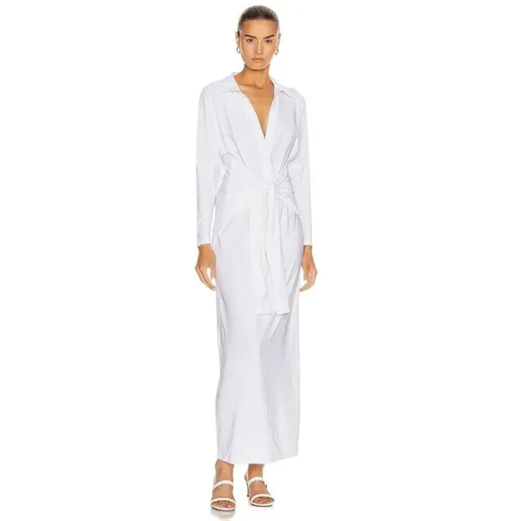 Norma Kamali Tie Front NK Shirt Dress in White XSmall New Womens Long Maxi Gown