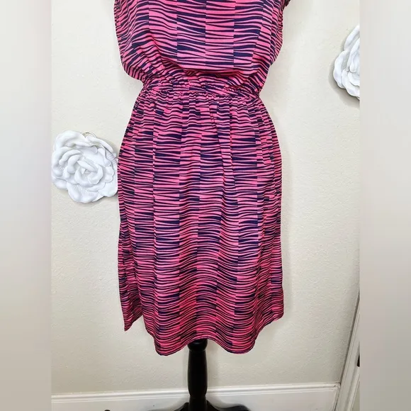 NTM: Needle &amp; Thread Hi Lo Sleeveless Pink &amp; Navy Abstract Stripe Dress Sz M