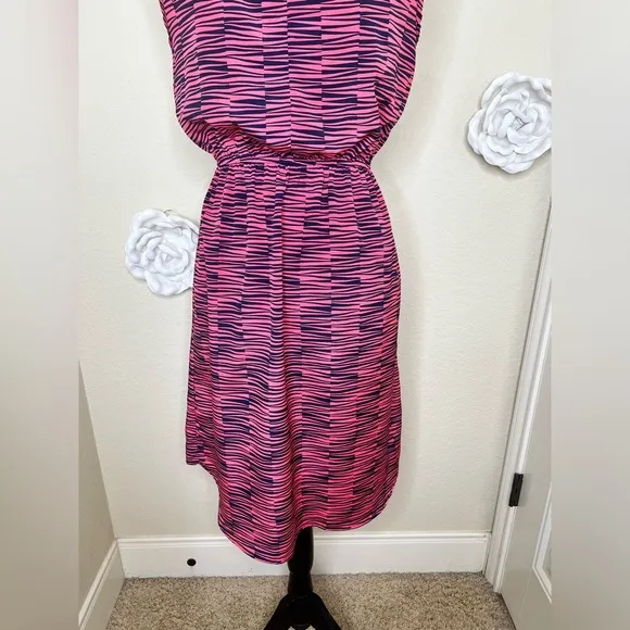 NTM: Needle &amp; Thread Hi Lo Sleeveless Pink &amp; Navy Abstract Stripe Dress Sz M