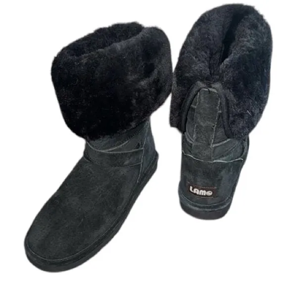 NWOB LAMO “Savoy” Water Resistant Suede Faux Fur Tall Boots Black 6