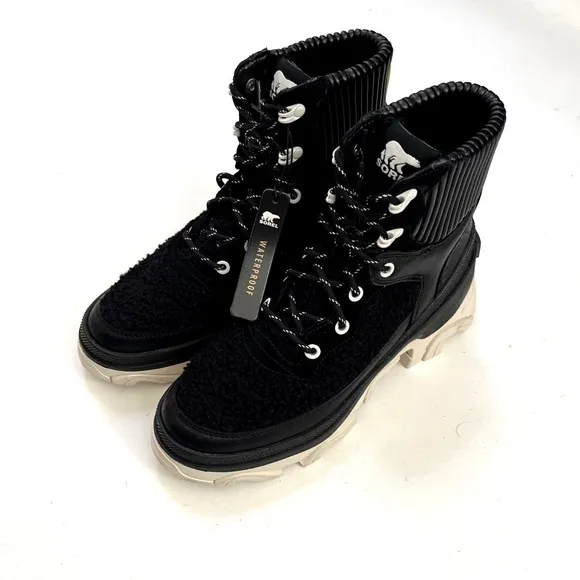 NWOB SOREL Brex Boot Cozy Lace Up Waterproof Black Sea Salt Size 7.5 Leather