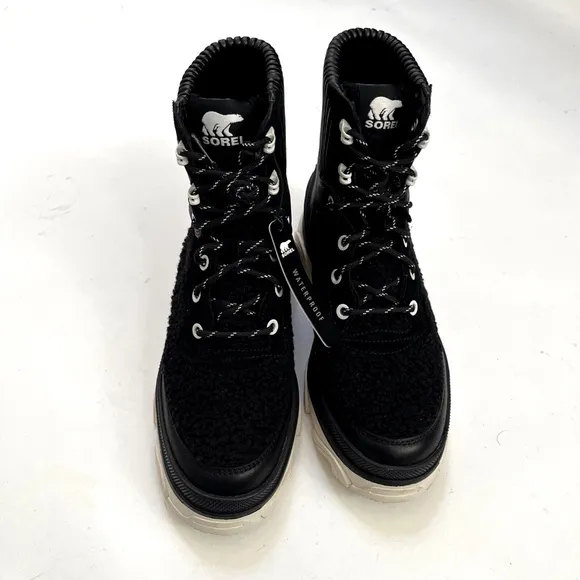 NWOB SOREL Brex Boot Cozy Lace Up Waterproof Black Sea Salt Size 7.5 Leather