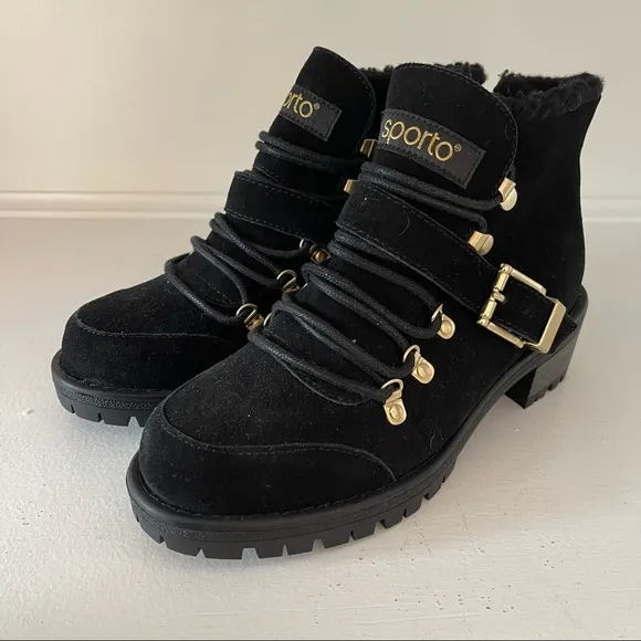 NWOB Sporto Black Suede Water Resistant Katie Ankle Boot Sz 6.5