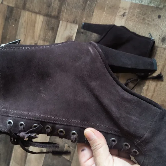 NWOT All Saints Grimsby Brown Suede Leather Tassel Lace Up Heeled Ankle Boots