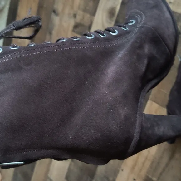 NWOT All Saints Grimsby Brown Suede Leather Tassel Lace Up Heeled Ankle Boots