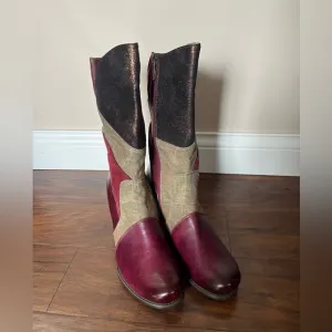 NWOT Corky’s Elite Women's Burgundy and Brown/Black Patchwork Boots-Size 10