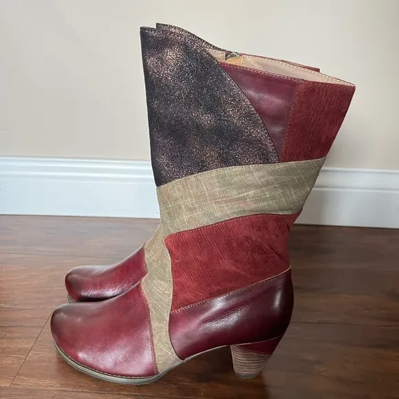 NWOT Corky’s Elite Women's Burgundy and Brown/Black Patchwork Boots-Size 10