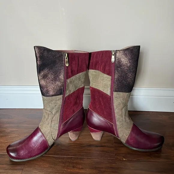 NWOT Corky’s Elite Women's Burgundy and Brown/Black Patchwork Boots-Size 10