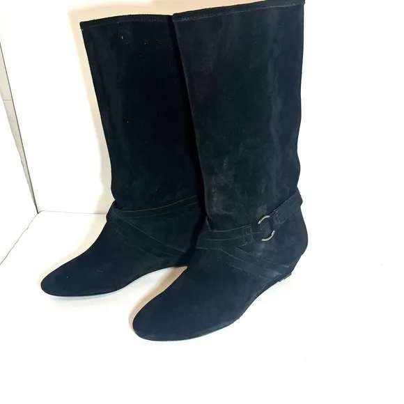 NWOT DKNYC Long Black Cow Suede Alina Wedge Mid-Calf Boots Size 9.5