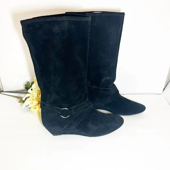 NWOT DKNYC Long Black Cow Suede Alina Wedge Mid-Calf Boots Size 9.5