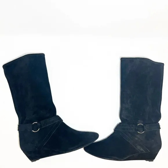 NWOT DKNYC Long Black Cow Suede Alina Wedge Mid-Calf Boots Size 9.5