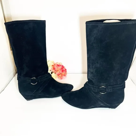 NWOT DKNYC Long Black Cow Suede Alina Wedge Mid-Calf Boots Size 9.5