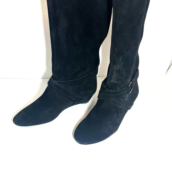 NWOT DKNYC Long Black Cow Suede Alina Wedge Mid-Calf Boots Size 9.5