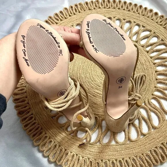 NWOT Femme Barely There Lace Up Heel Tan EU 36