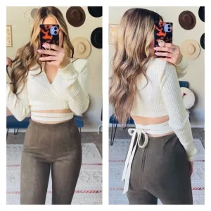 NWT DANIELLE BERNSTEIN Ivory Wrap Tie Waist Cable Knit Cropped Sweater XL