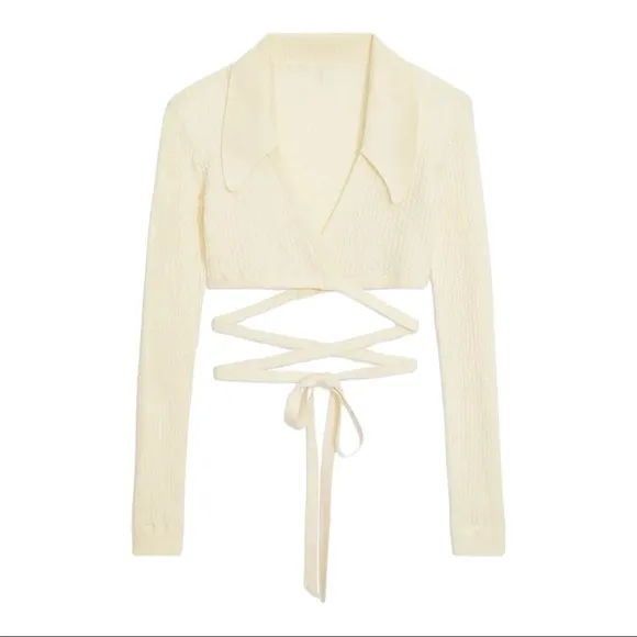 NWT DANIELLE BERNSTEIN Ivory Wrap Tie Waist Cable Knit Cropped Sweater XL