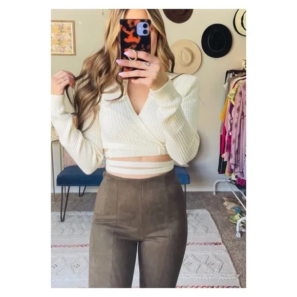 NWT DANIELLE BERNSTEIN Ivory Wrap Tie Waist Cable Knit Cropped Sweater XL