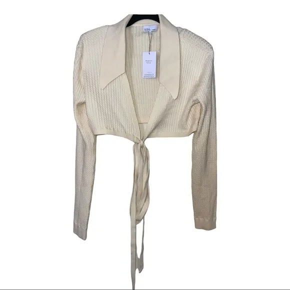 NWT DANIELLE BERNSTEIN Ivory Wrap Tie Waist Cable Knit Cropped Sweater XL