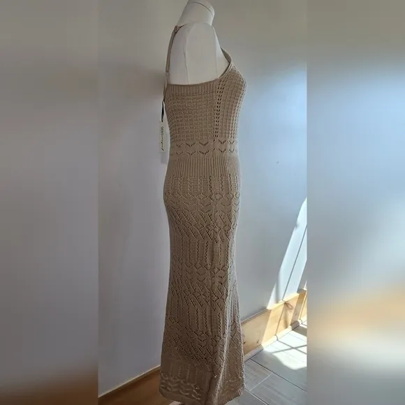 NWT Freshman 1996 Stretchy Strappy Crochet Midi Dress Tan Beige XS