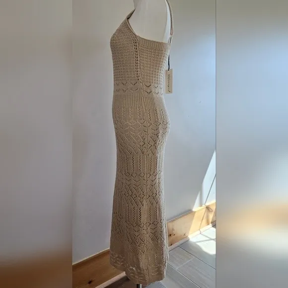 NWT Freshman 1996 Stretchy Strappy Crochet Midi Dress Tan Beige XS