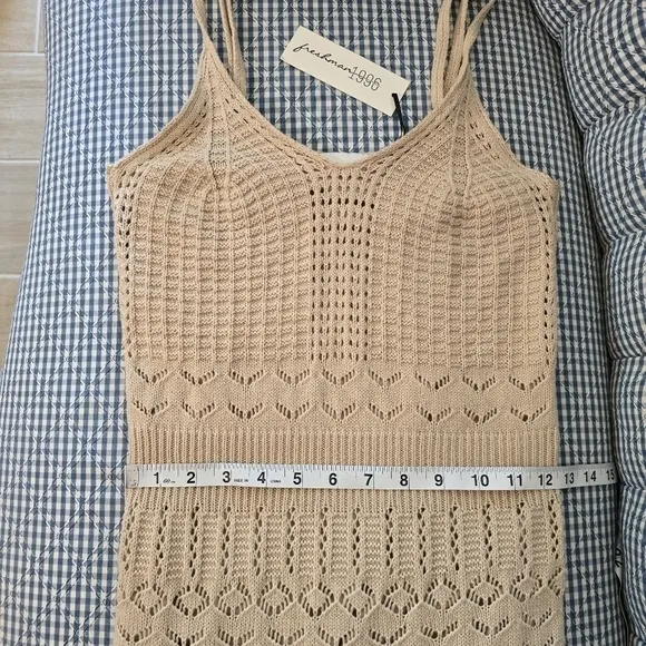 NWT Freshman 1996 Stretchy Strappy Crochet Midi Dress Tan Beige XS