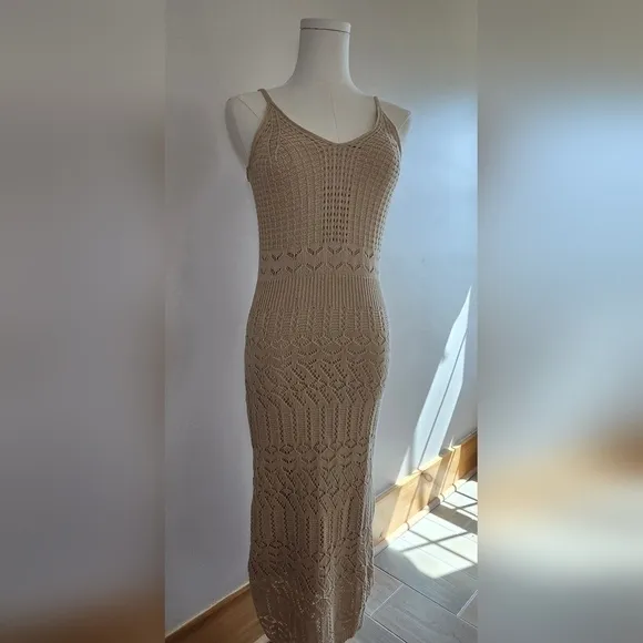 NWT Freshman 1996 Stretchy Strappy Crochet Midi Dress Tan Beige XS