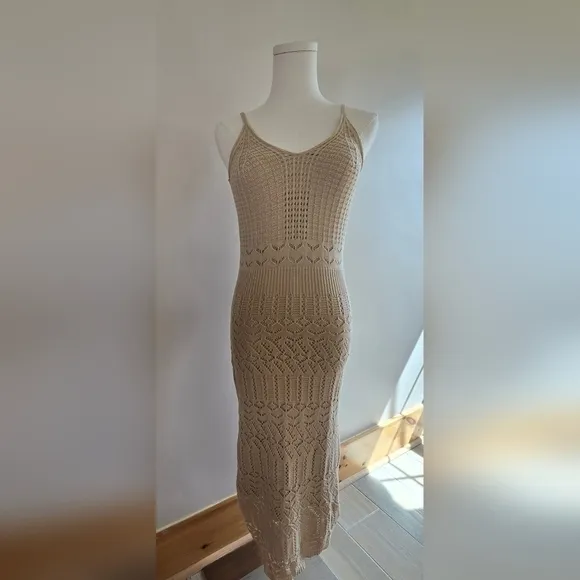NWT Freshman 1996 Stretchy Strappy Crochet Midi Dress Tan Beige XS